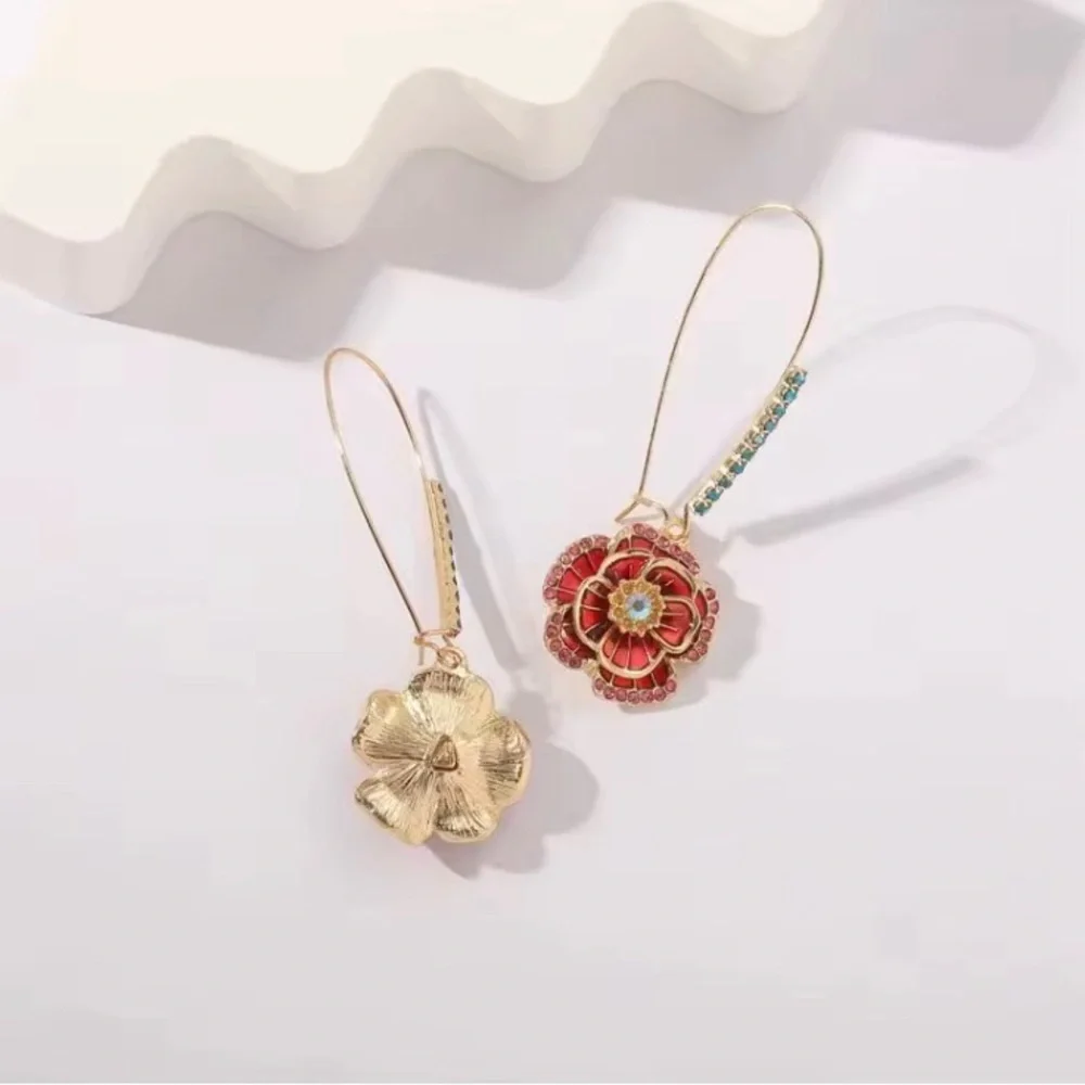 New Mediterranean Ethnic Boho Colorful Red Rose Crystal Drop Earrings